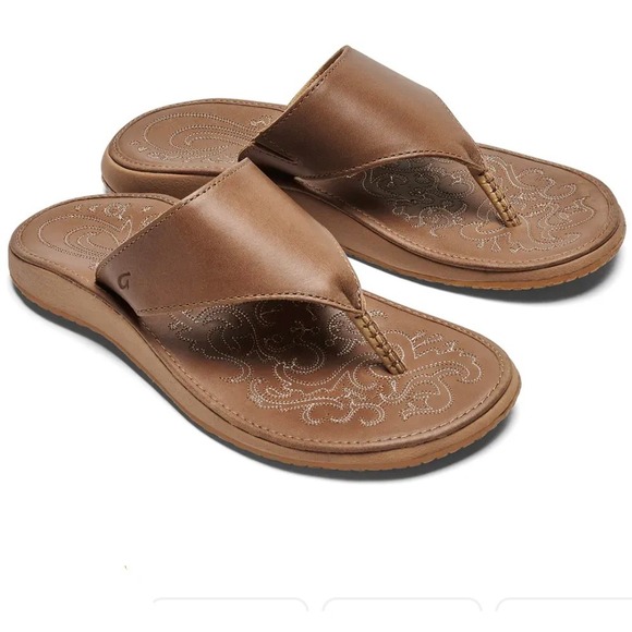 Olukai Paniolo Lipi 20467-3434 Leather Embroidered Flip Flop Sandals Women 11 - Picture 1 of 10